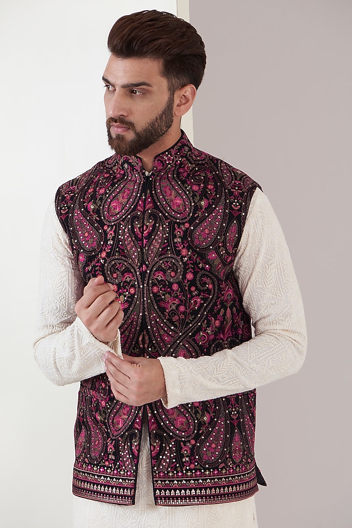 Multi-Coloured Georgette Embroidered Nehru Jacket by Kasbah Clothing at Pernia's Pop Up Shop