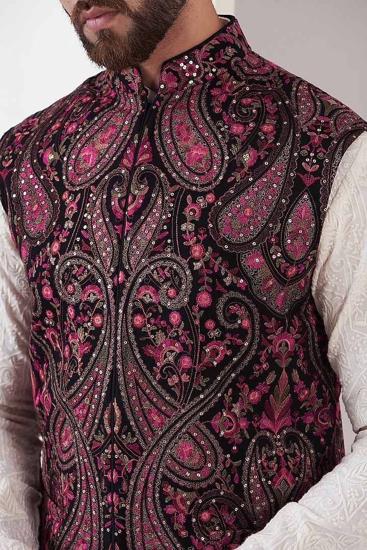 Multi-Coloured Georgette Embroidered Nehru Jacket by Kasbah Clothing at Pernia's Pop Up Shop
