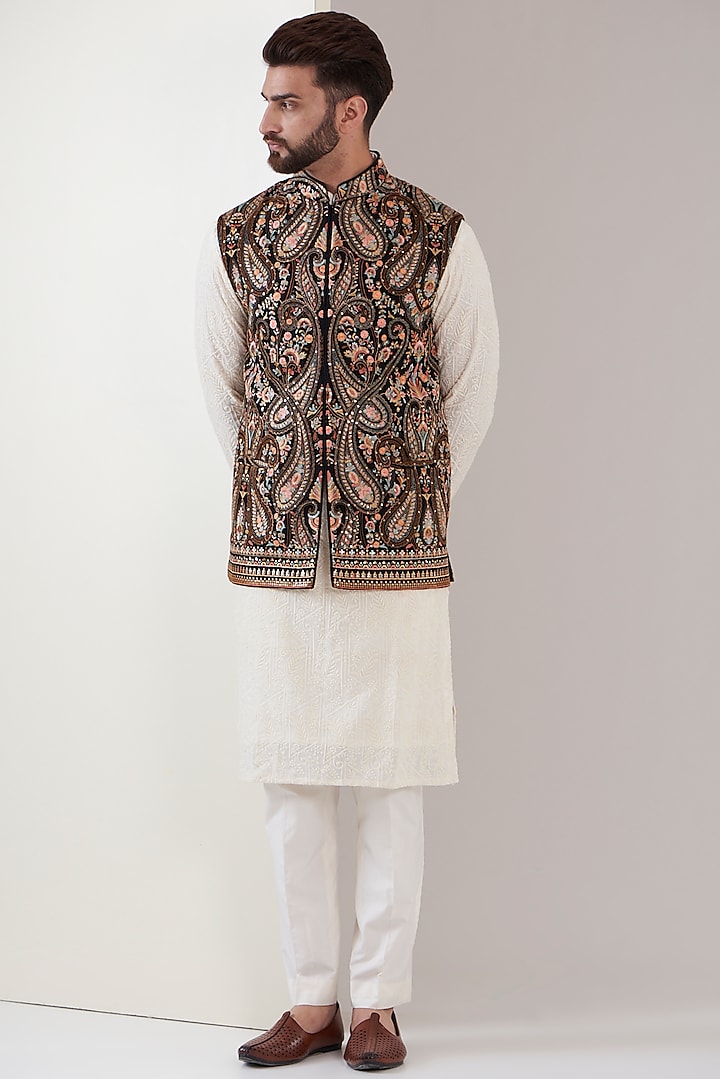 Black Georgette Embroidered Nehru Jacket by Kasbah Clothing