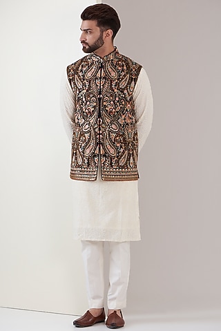 Black Georgette Embroidered Nehru Jacket by Kasbah Clothing
