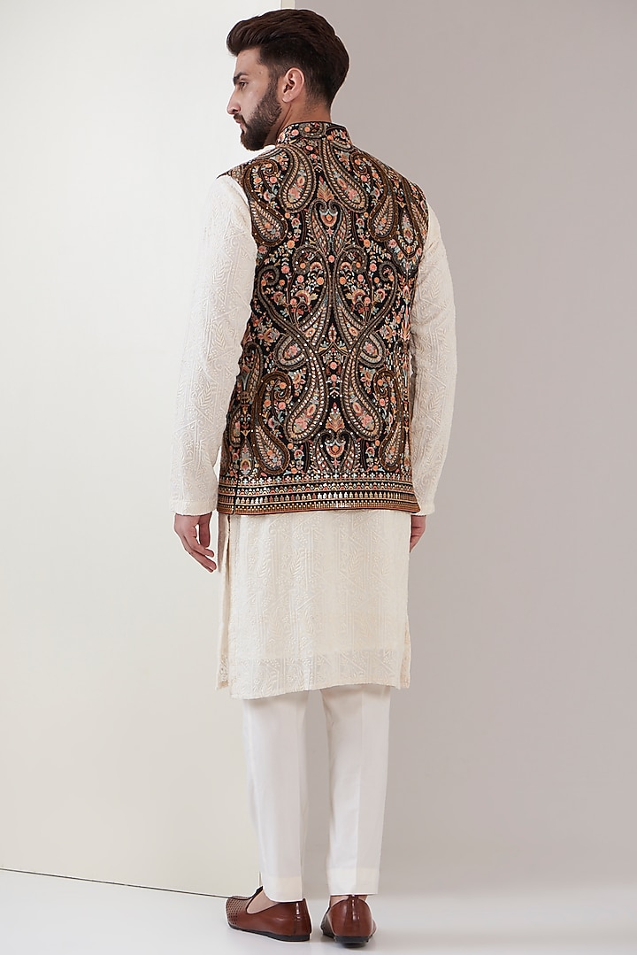 Black Georgette Embroidered Nehru Jacket by Kasbah Clothing at Pernia's Pop Up Shop