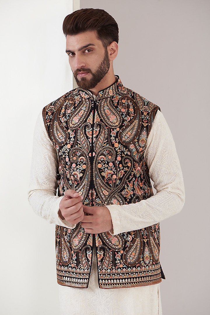 Black Georgette Embroidered Nehru Jacket by Kasbah Clothing at Pernia's Pop Up Shop
