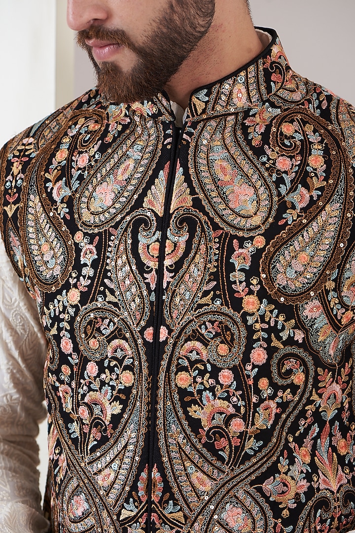 Black Georgette Embroidered Nehru Jacket by Kasbah Clothing at Pernia's Pop Up Shop