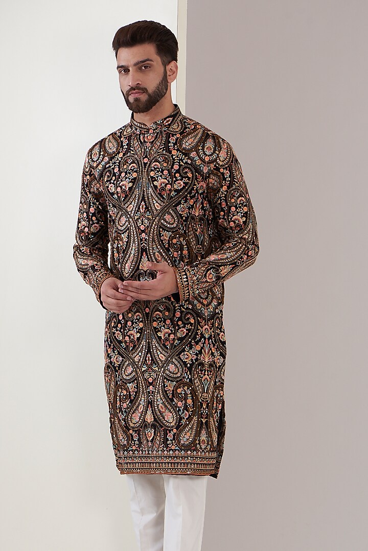 Black Georgette Kashmiri Embroidered Kurta by Kasbah Clothing at Pernia's Pop Up Shop