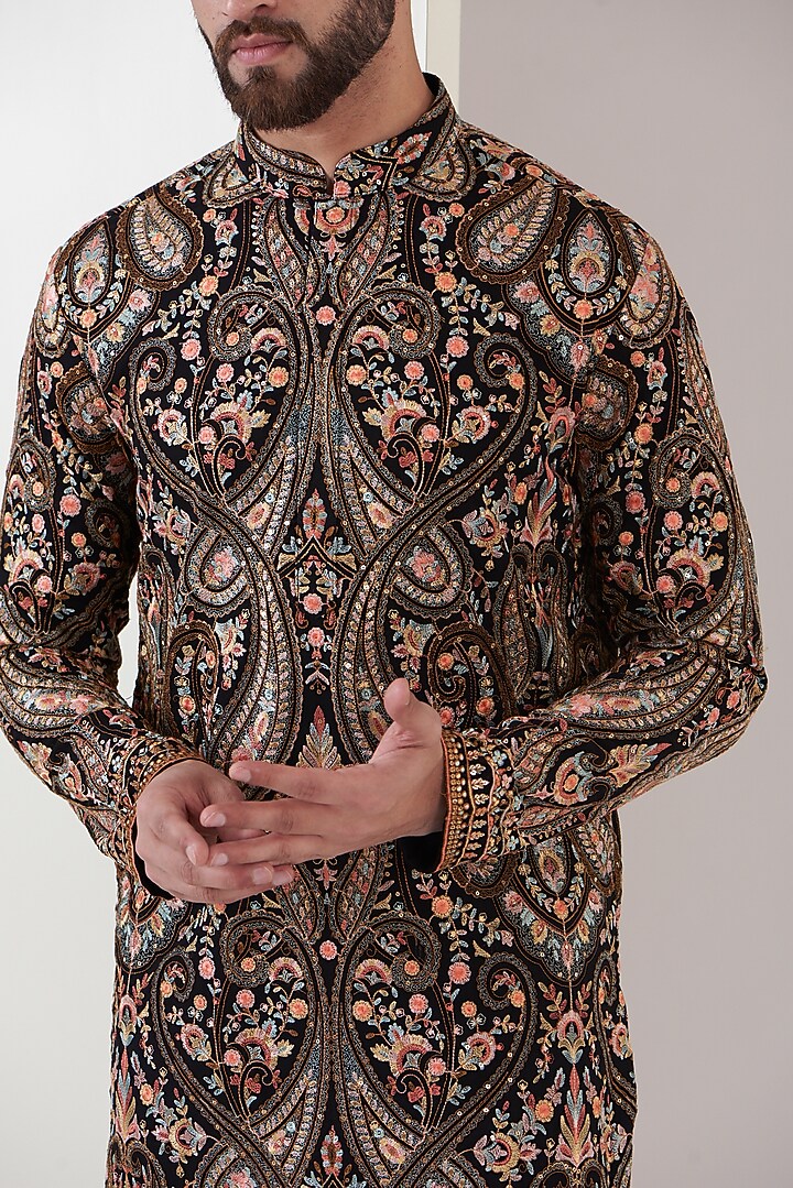 Black Georgette Kashmiri Embroidered Kurta by Kasbah Clothing at Pernia's Pop Up Shop