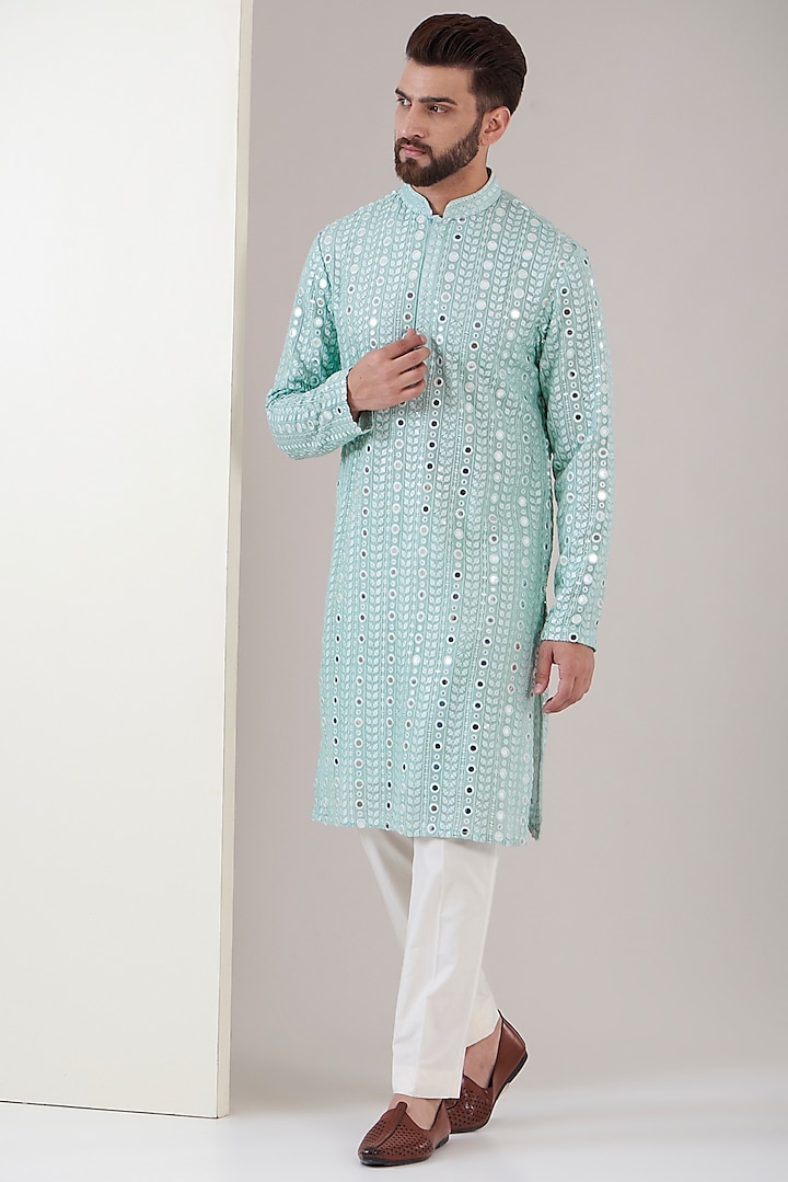 Ice Blue Georgette Thread Embroidered Kurta by Kasbah Clothing