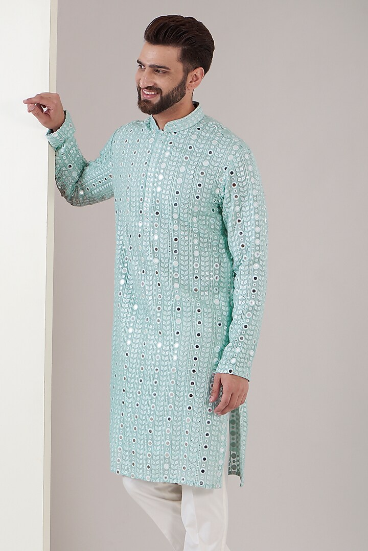 Ice Blue Georgette Threadwork Kurta by Kasbah Clothing at Pernia's Pop Up Shop