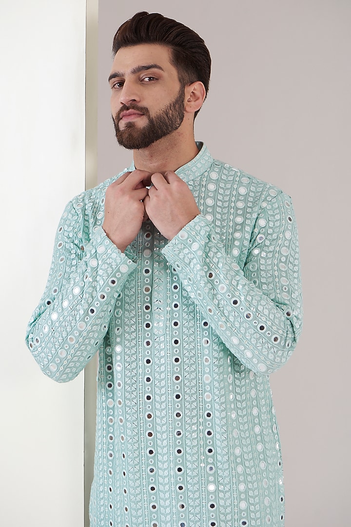 Ice Blue Georgette Threadwork Kurta by Kasbah Clothing at Pernia's Pop Up Shop