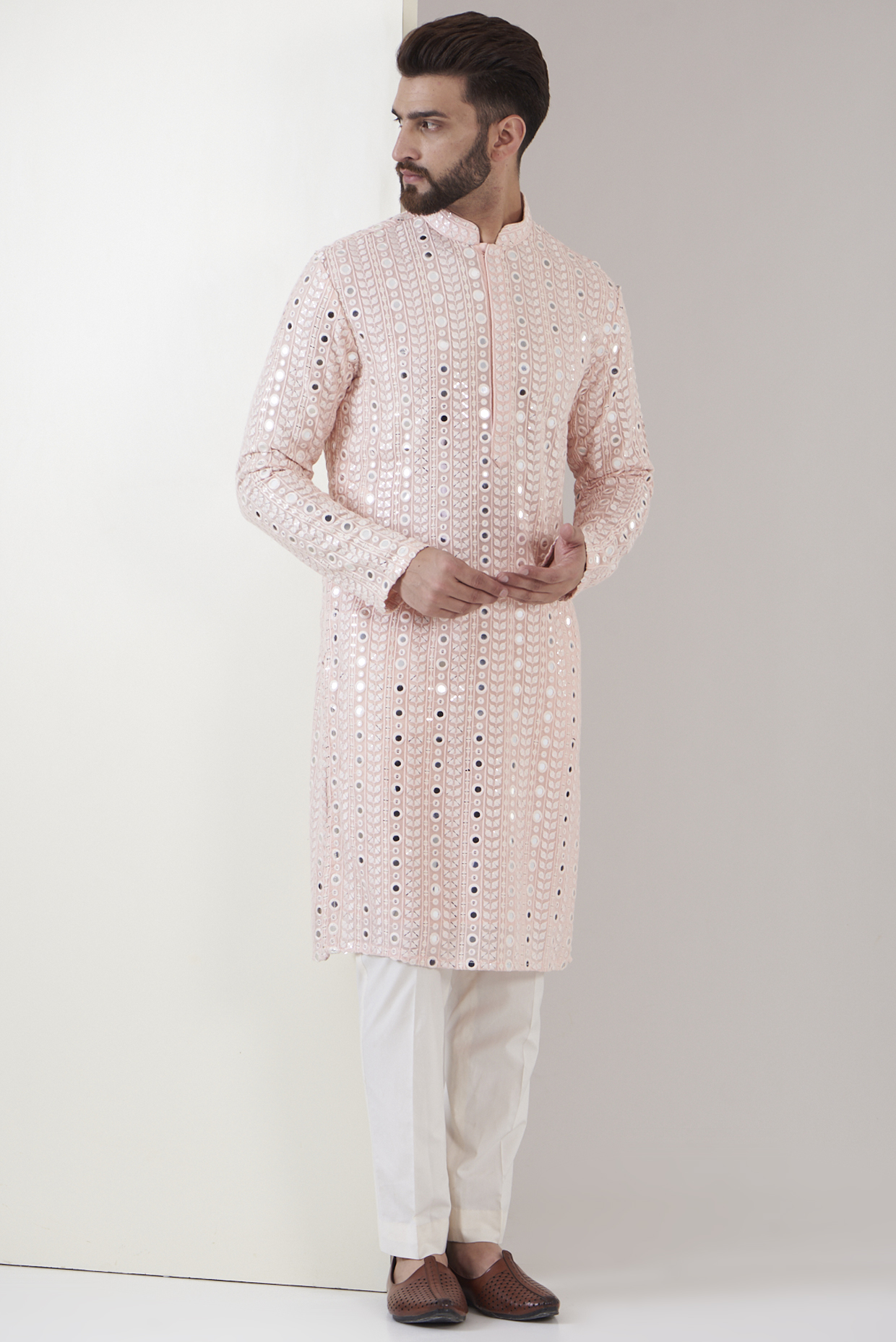 Powder Pink Georgette Threadwork Kurta by Kasbah Clothing