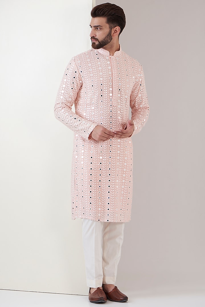 Powder Pink Georgette Thread Embroidered Kurta by Kasbah Clothing