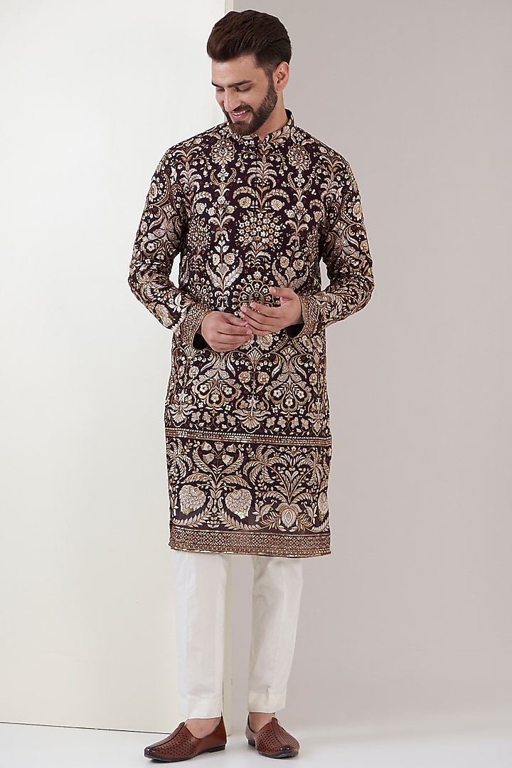 Wine Georgette Thread Embroidered Kurta by Kasbah Clothing
