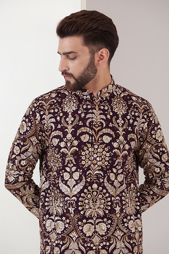 Wine Georgette Thread Embroidered Kurta by Kasbah Clothing at Pernia's Pop Up Shop