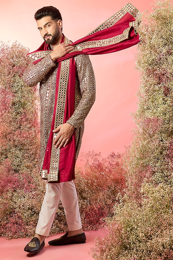 Maroon Georgette Mirror Work Kurta With Stole by Kasbah Clothing at Pernia's Pop Up Shop