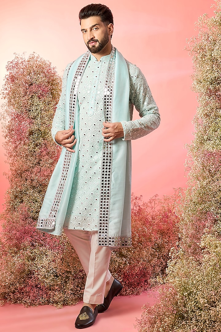 Powder Blue Georgette Mirror Work Kurta With Stole by Kasbah Clothing at Pernia's Pop Up Shop