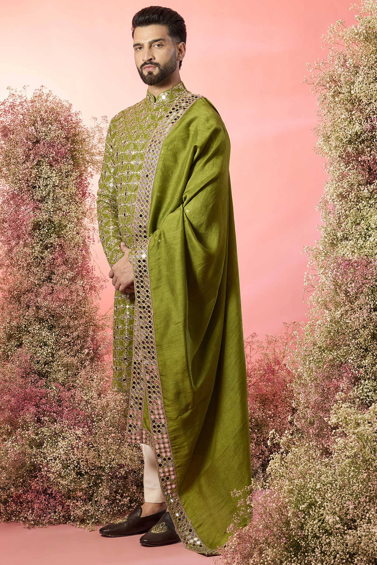 Green Georgette Mirror Work Kurta With Stole by Kasbah Clothing