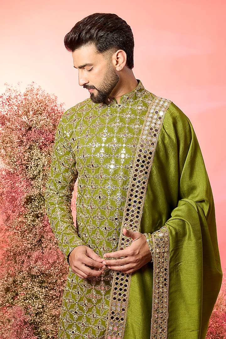 Green Georgette Mirror Work Kurta With Stole by Kasbah Clothing at Pernia's Pop Up Shop