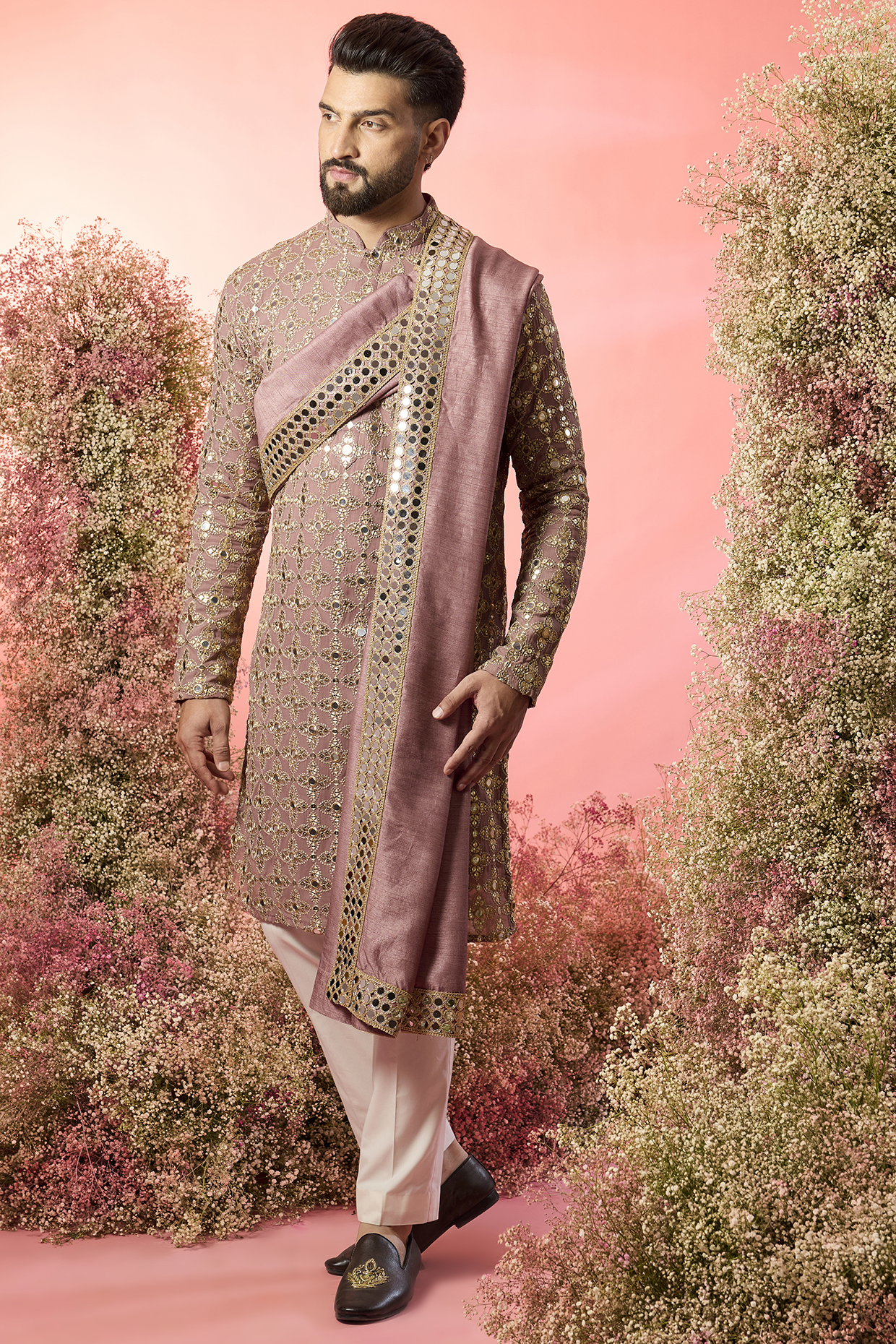 Purple Georgette Mirror Work Kurta With Stole by Kasbah Clothing