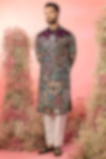 Wine Silk Flora & Fauna Embroidered Chikankari Kurta by Kasbah Clothing at Pernia's Pop Up Shop