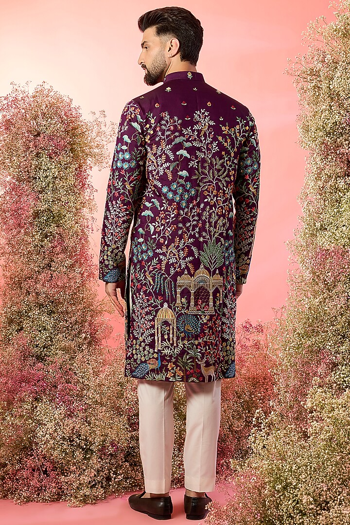 Wine Silk Flora & Fauna Embroidered Chikankari Kurta by Kasbah Clothing at Pernia's Pop Up Shop
