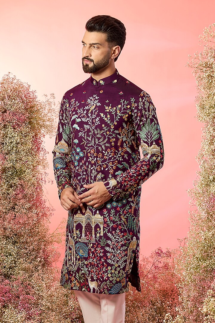 Wine Silk Flora & Fauna Embroidered Chikankari Kurta by Kasbah Clothing at Pernia's Pop Up Shop
