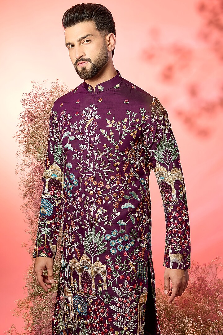 Wine Silk Flora & Fauna Embroidered Chikankari Kurta by Kasbah Clothing at Pernia's Pop Up Shop