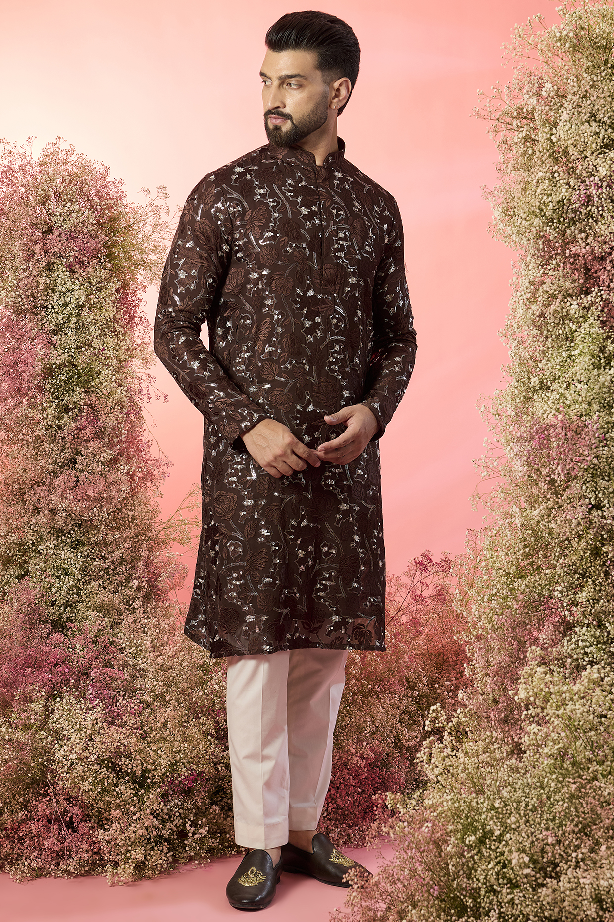 Brown Georgette Sequins Embroidered Kurta by Kasbah Clothing