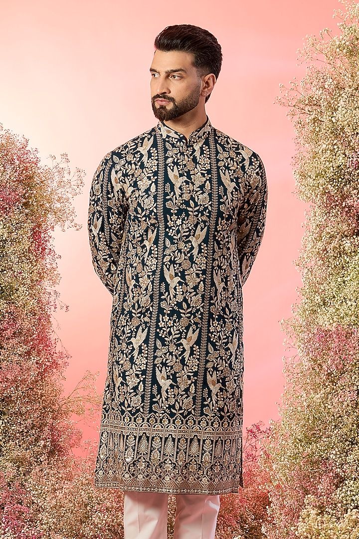 Teal Green Georgette Chikankari Embroidered Kurta by Kasbah Clothing at Pernia's Pop Up Shop