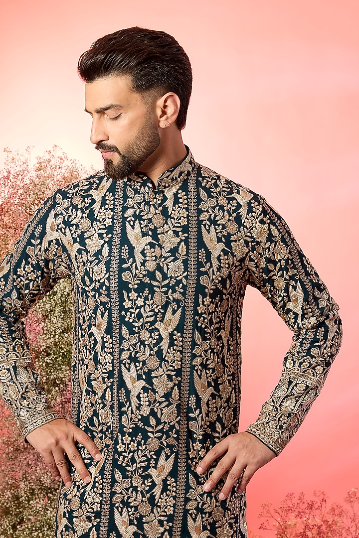 Teal Green Georgette Chikankari Embroidered Kurta by Kasbah Clothing at Pernia's Pop Up Shop