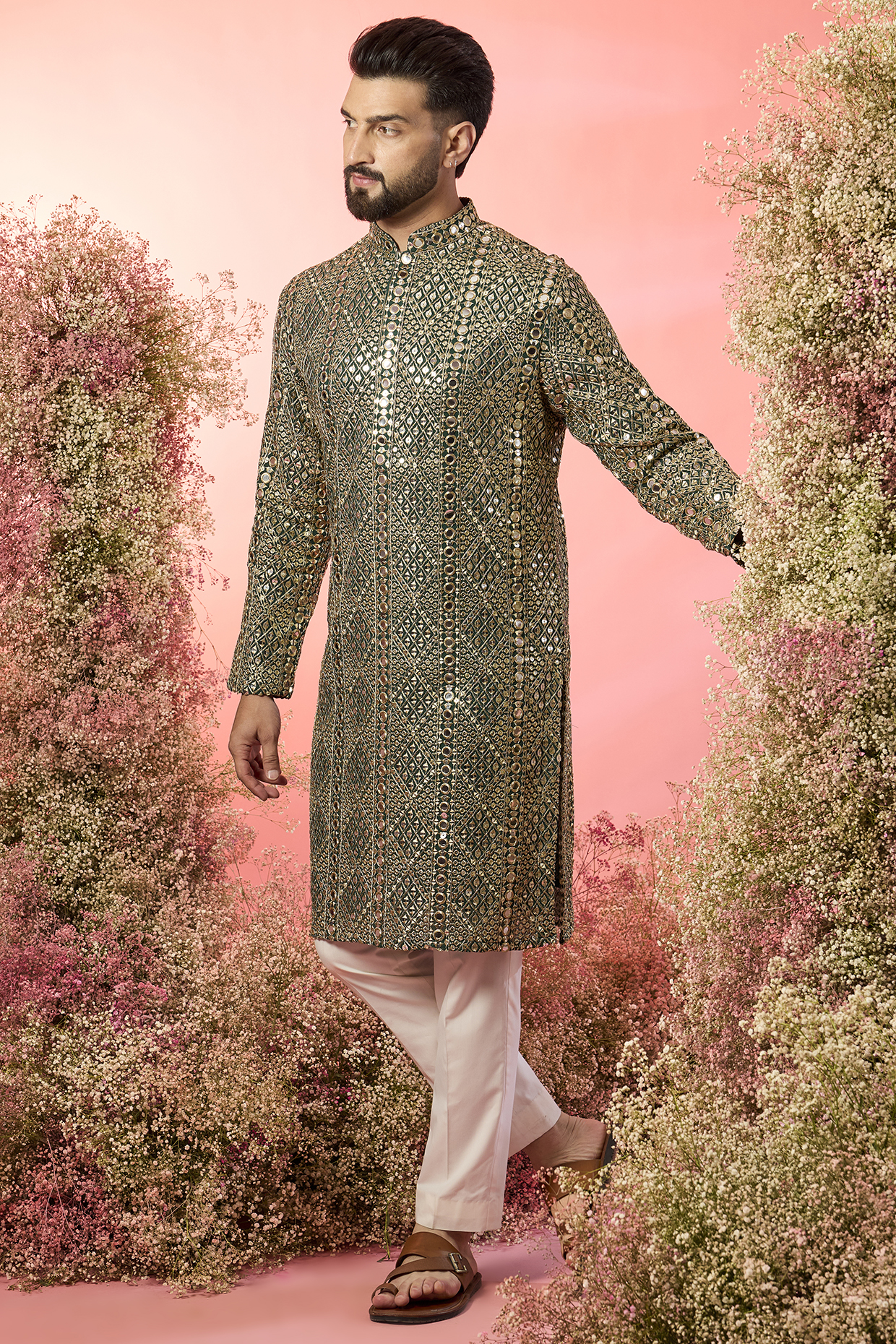 Green Georgette Mirror Work Kurta by Kasbah Clothing