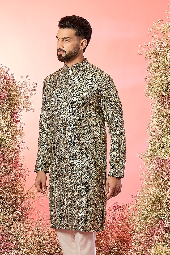 Green Georgette Mirror Work Kurta by Kasbah Clothing at Pernia's Pop Up Shop