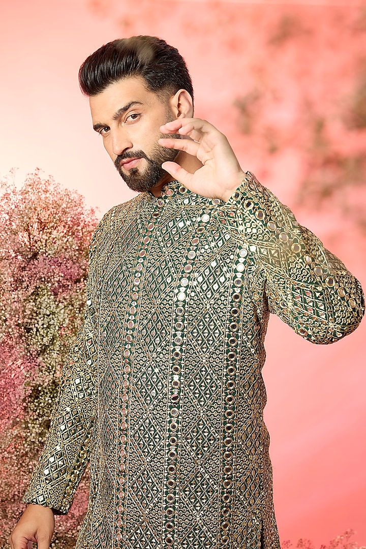 Green Georgette Mirror Work Kurta by Kasbah Clothing at Pernia's Pop Up Shop