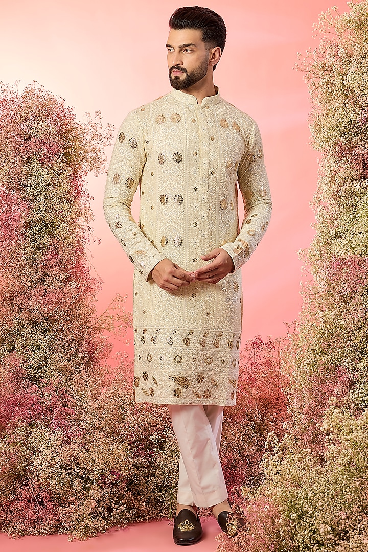 Cream Georgette Sequin Embellished Kurta by Kasbah Clothing at Pernia's Pop Up Shop
