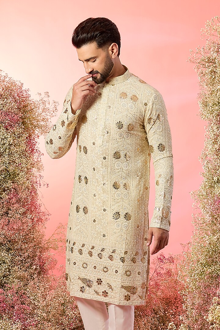 Cream Georgette Sequin Embellished Kurta by Kasbah Clothing at Pernia's Pop Up Shop