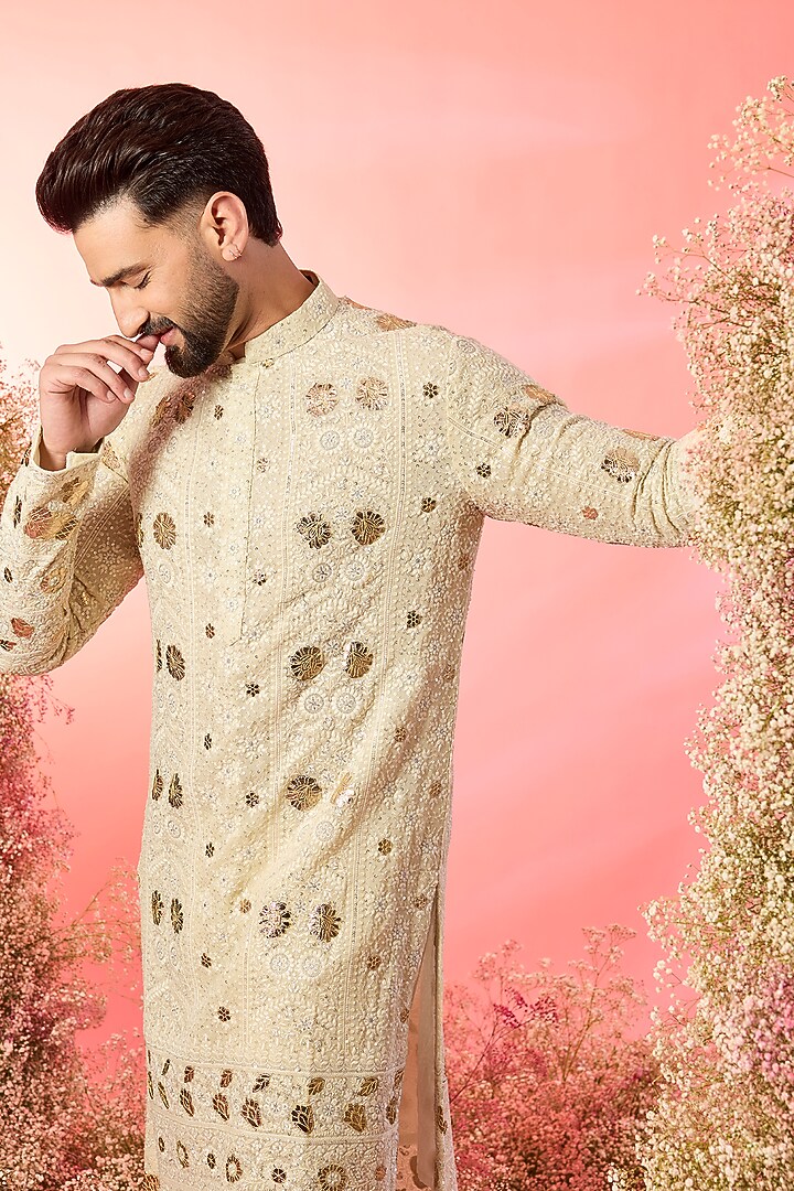 Cream Georgette Sequin Embellished Kurta by Kasbah Clothing at Pernia's Pop Up Shop