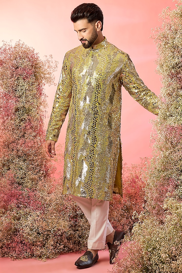 Yellow Georgette Sequin Embroidered Kurta by Kasbah Clothing at Pernia's Pop Up Shop