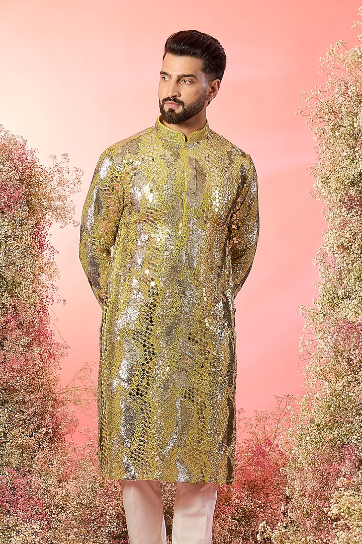 Yellow Georgette Sequin Embroidered Kurta by Kasbah Clothing at Pernia's Pop Up Shop