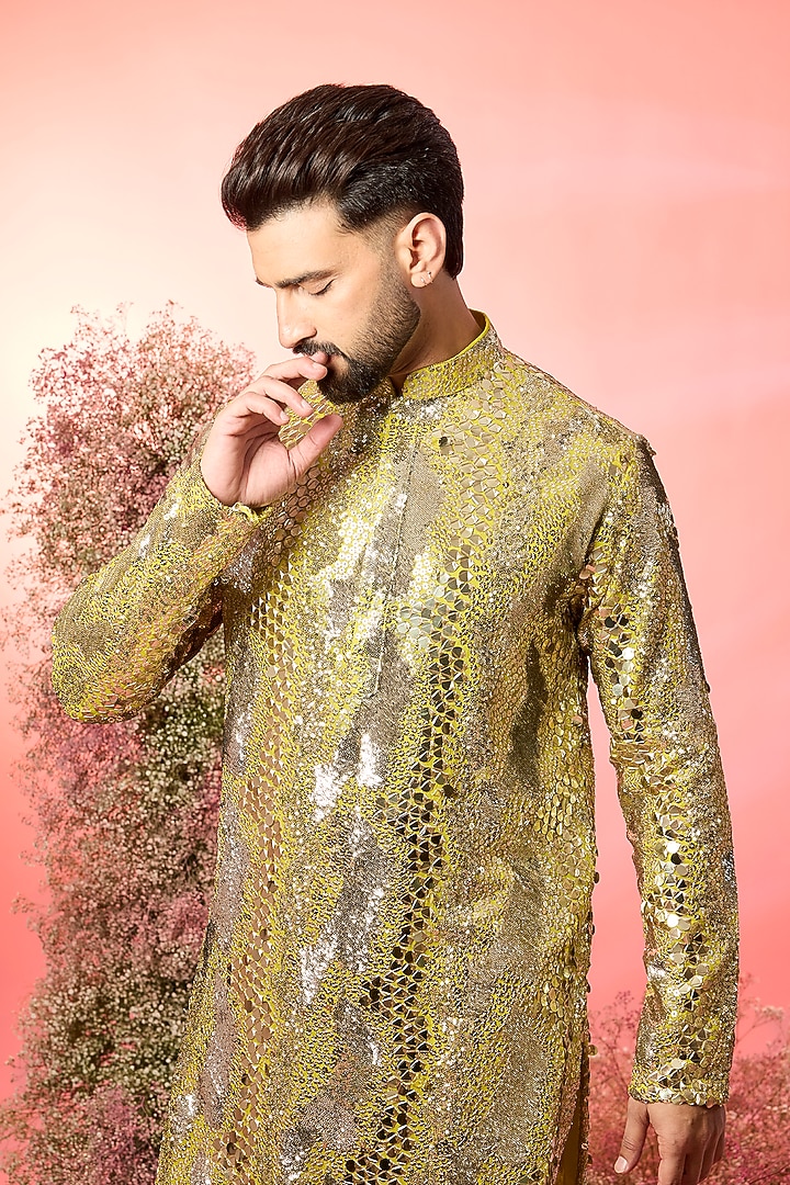 Yellow Georgette Sequin Embroidered Kurta by Kasbah Clothing at Pernia's Pop Up Shop