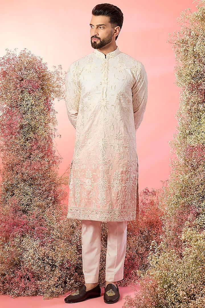 Ivory-Peach Ombre Silk Sequin Embroidered Chikankari Kurta by Kasbah Clothing at Pernia's Pop Up Shop