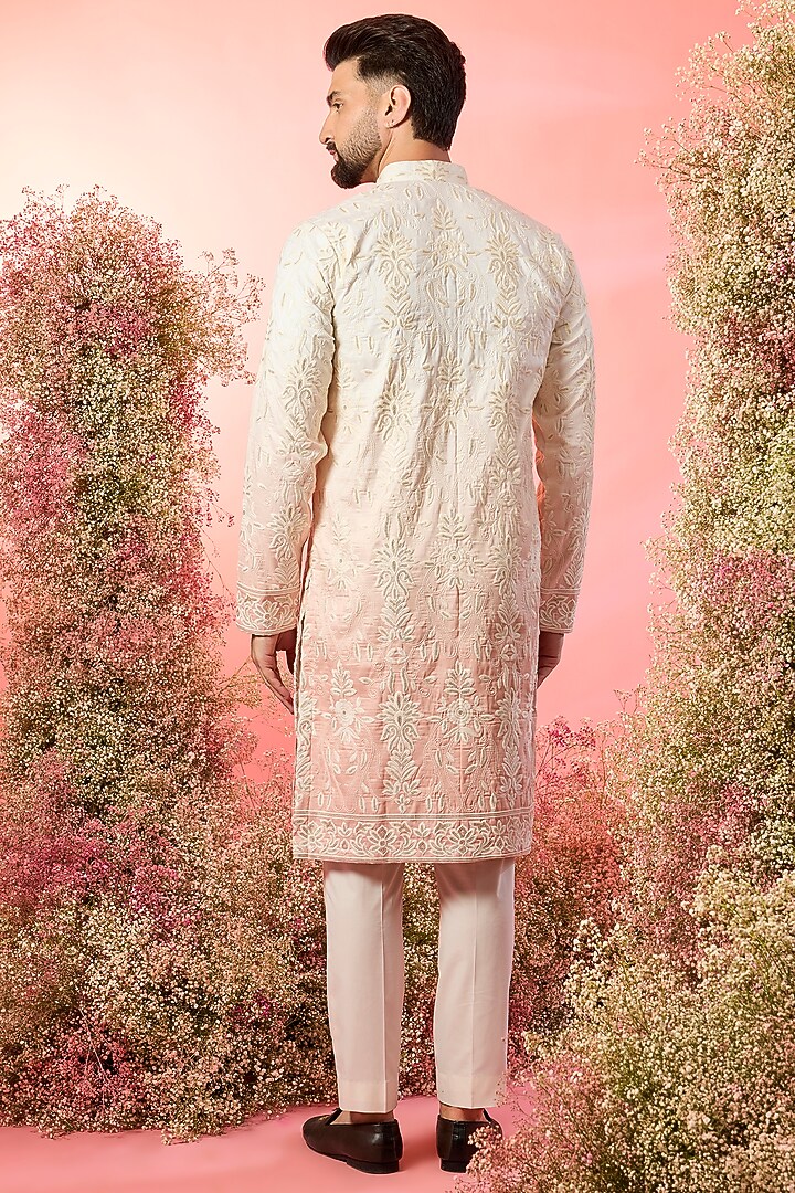 Ivory-Peach Ombre Silk Sequin Embroidered Chikankari Kurta by Kasbah Clothing at Pernia's Pop Up Shop