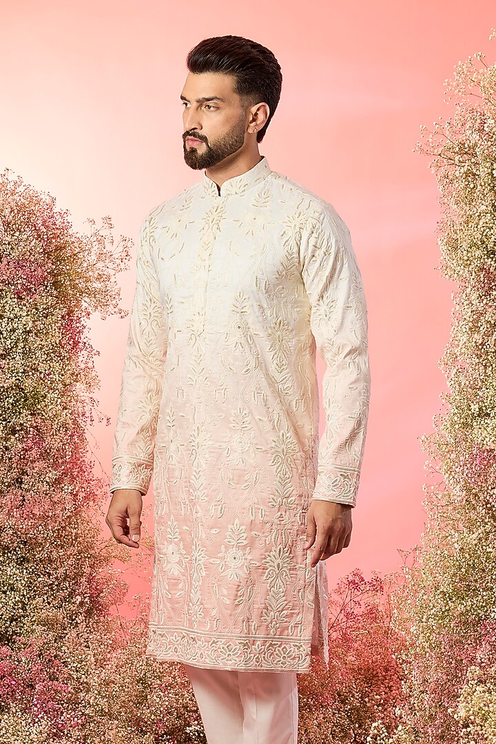 Ivory-Peach Ombre Silk Sequin Embroidered Chikankari Kurta by Kasbah Clothing at Pernia's Pop Up Shop