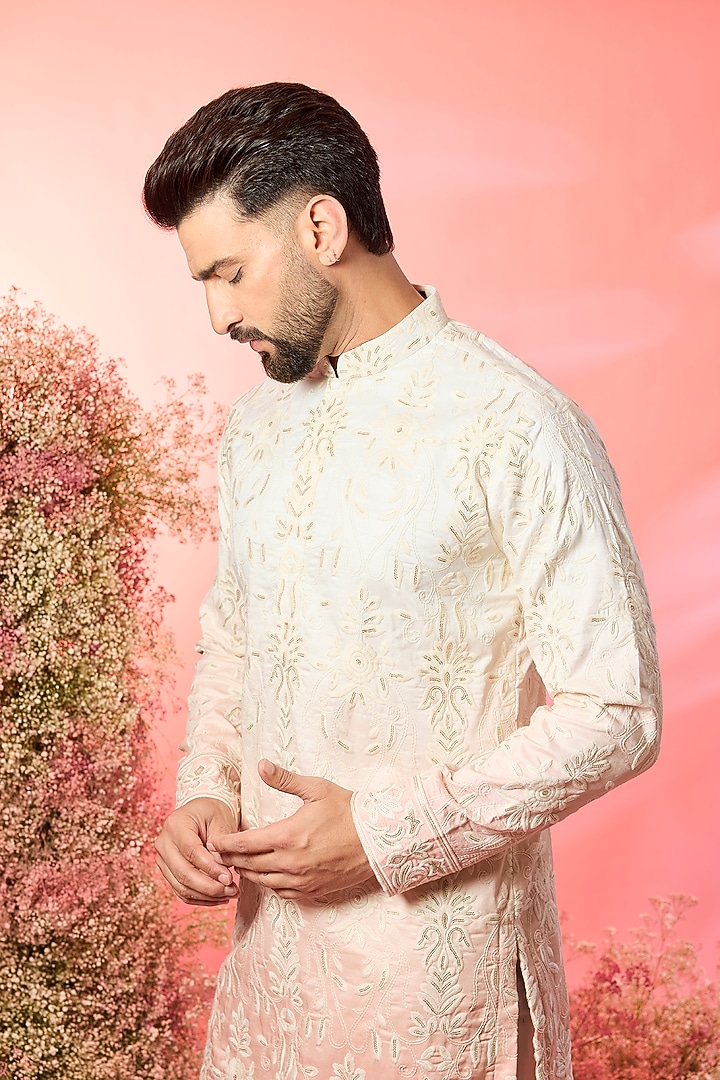 Ivory-Peach Ombre Silk Sequin Embroidered Chikankari Kurta by Kasbah Clothing at Pernia's Pop Up Shop
