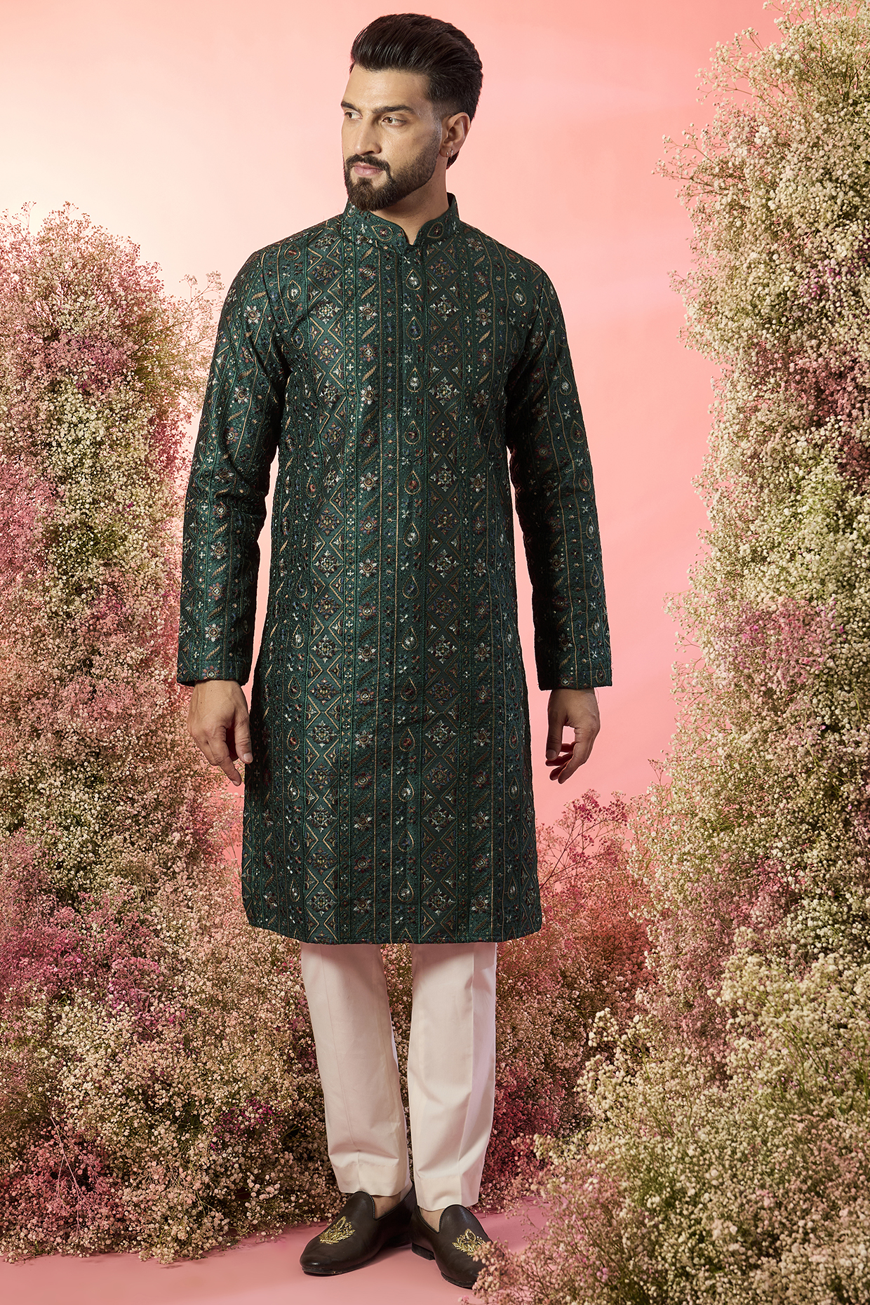 Bottle Green Silk Thread Embroidered Chikankari Kurta by Kasbah Clothing