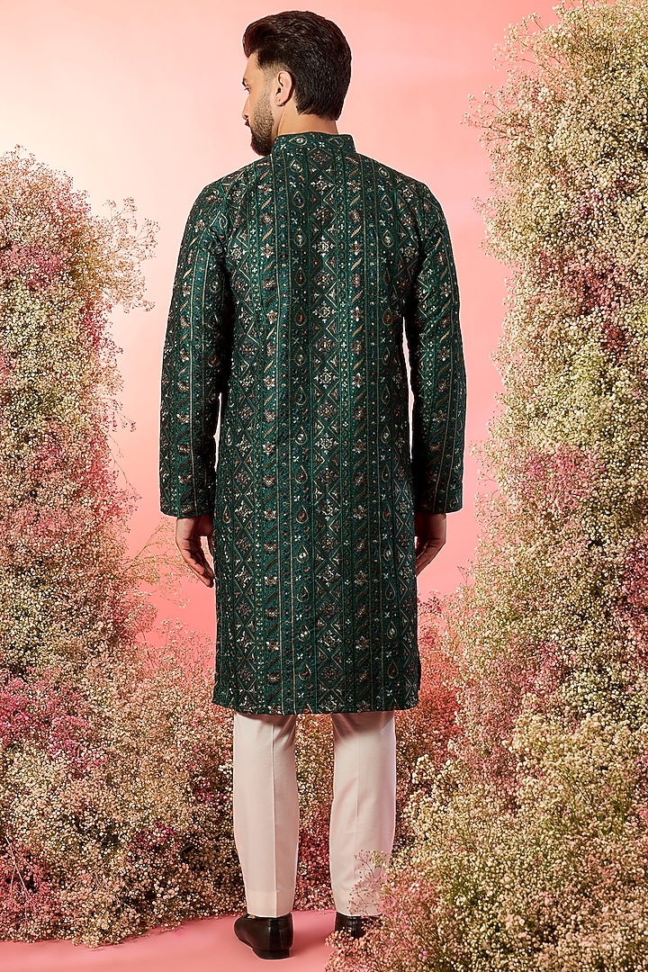 Bottle Green Silk Thread Embroidered Chikankari Kurta by Kasbah Clothing at Pernia's Pop Up Shop