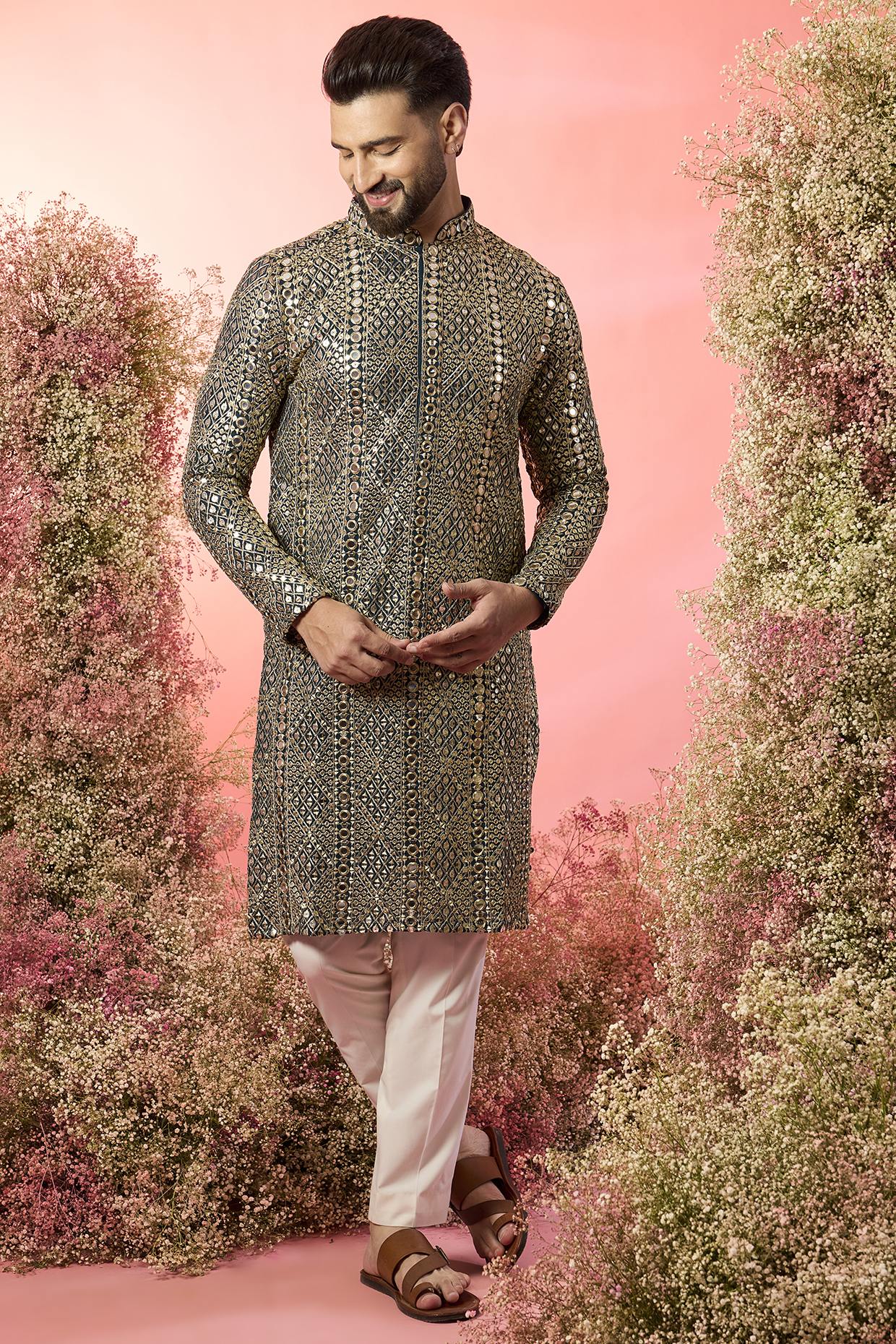 Bottle Green Georgette Mirror Work Kurta by Kasbah Clothing