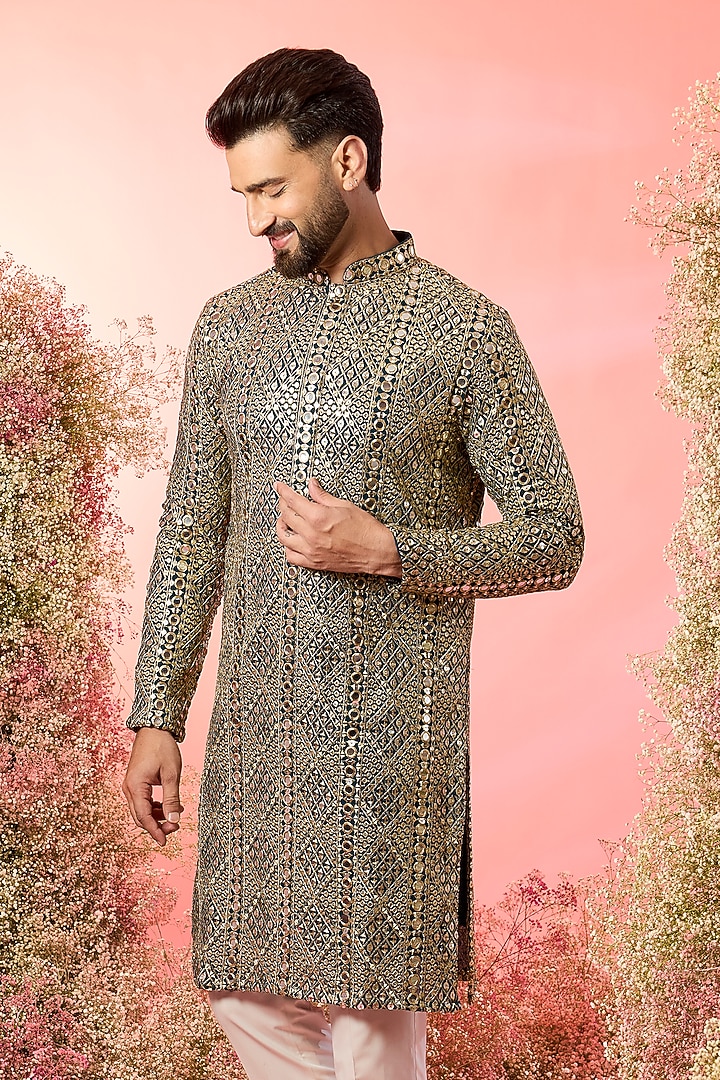 Bottle Green Georgette Mirror Work Kurta by Kasbah Clothing at Pernia's Pop Up Shop