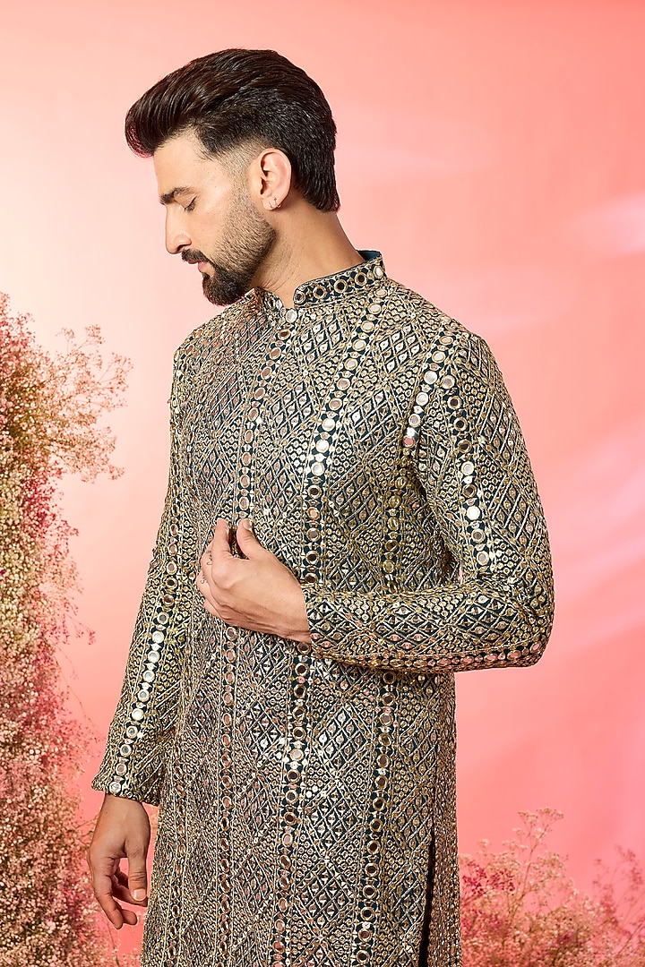 Bottle Green Georgette Mirror Work Kurta by Kasbah Clothing at Pernia's Pop Up Shop