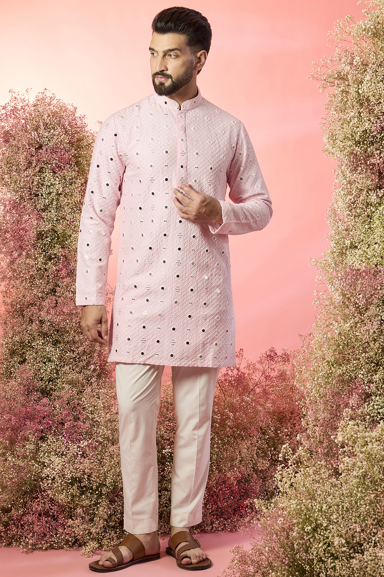 Pink Silk Mirror Short Kurta by Kasbah Clothing