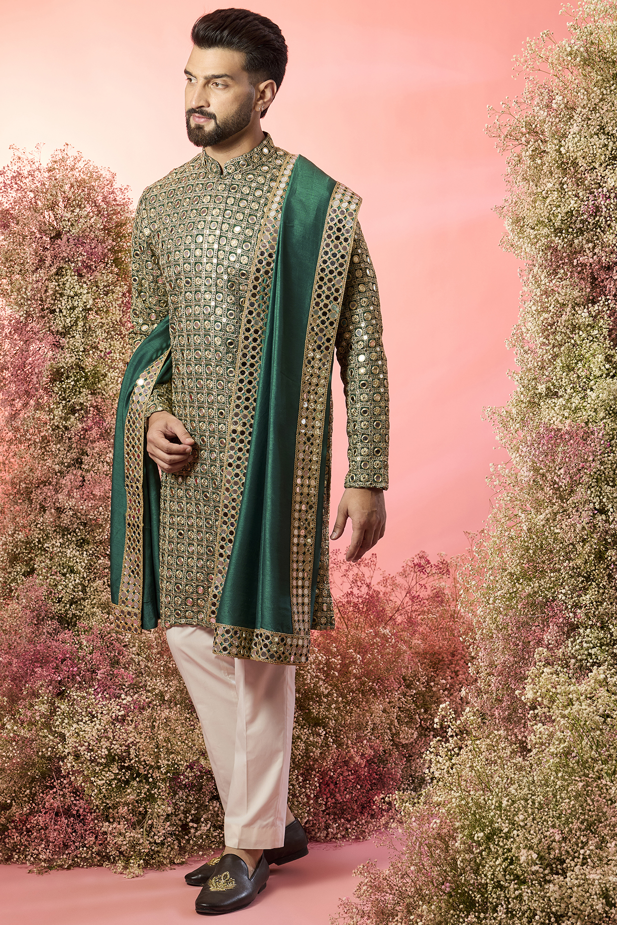 Green Georgette Mirror Work Kurta With Stole by Kasbah Clothing