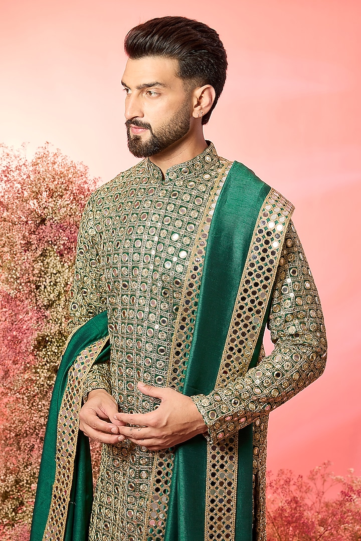 Green Georgette Mirror Work Kurta With Stole by Kasbah Clothing at Pernia's Pop Up Shop