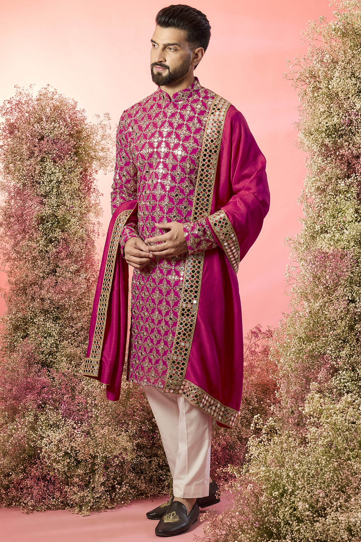 Pink Georgette Mirror Work Kurta With Stole by Kasbah Clothing